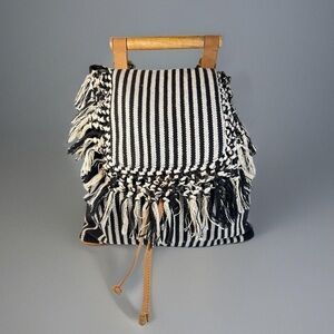 World Market Boho Backpack Purse Black White Stripe Fringe Wood Handle Woven
